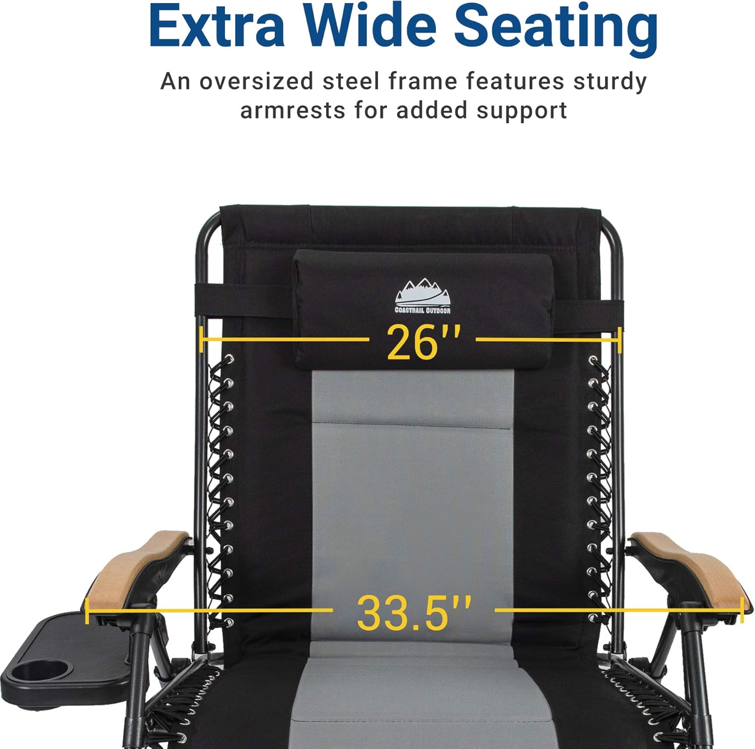 Coastrail Outdoor Zero Gravity Wood Armrest XXL Camping Lounge Patio Support 400lbs Padded Reclining Folding Lawn Chair with Side Table, Black/Gray: Garden & Outdoor