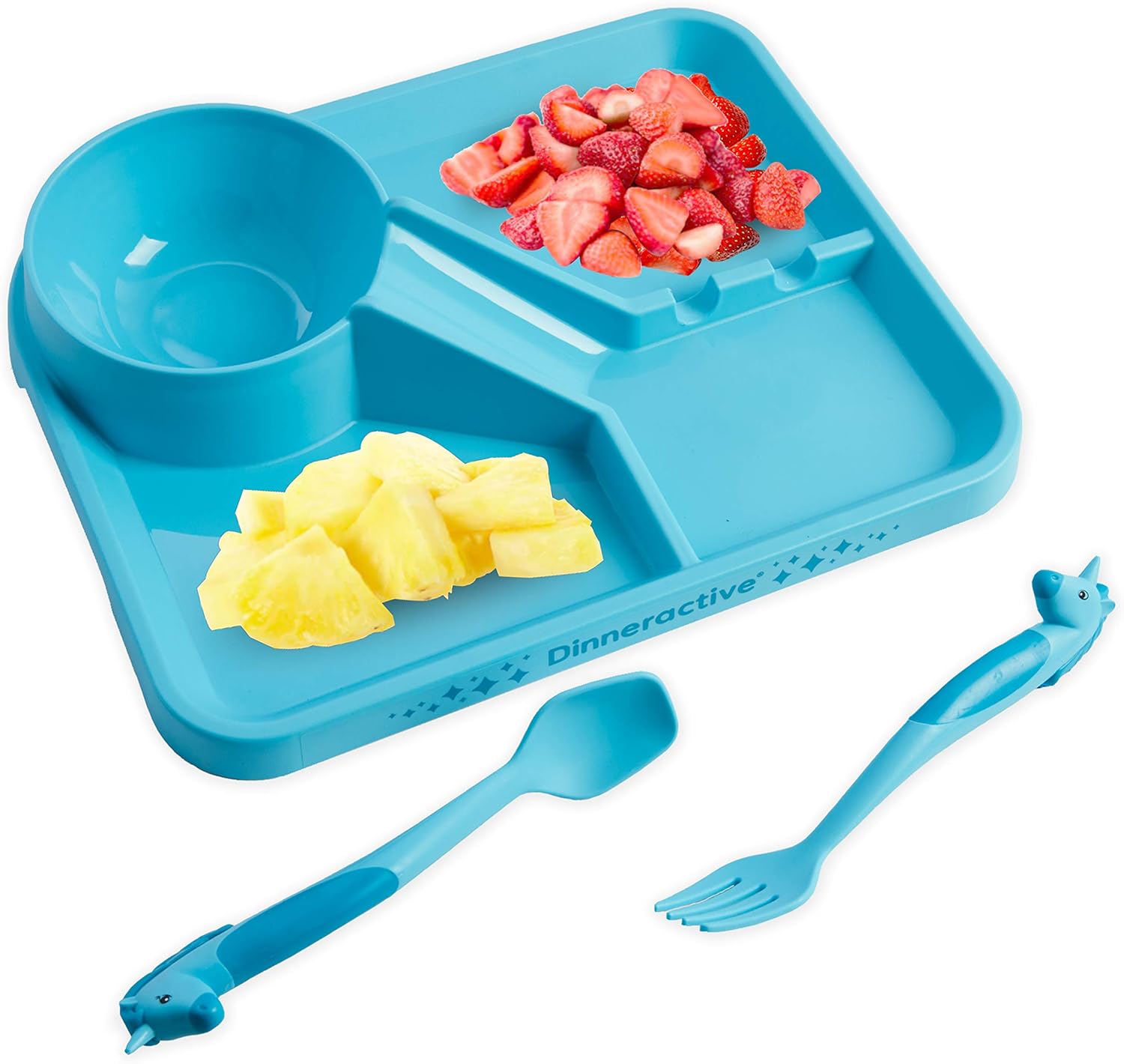 Dinneractive Unicorn Meal Set - 3 PC - Blue - Childrens Plate & Utensils - Fun Toddler Plates - Sectioned Dinner Dishes