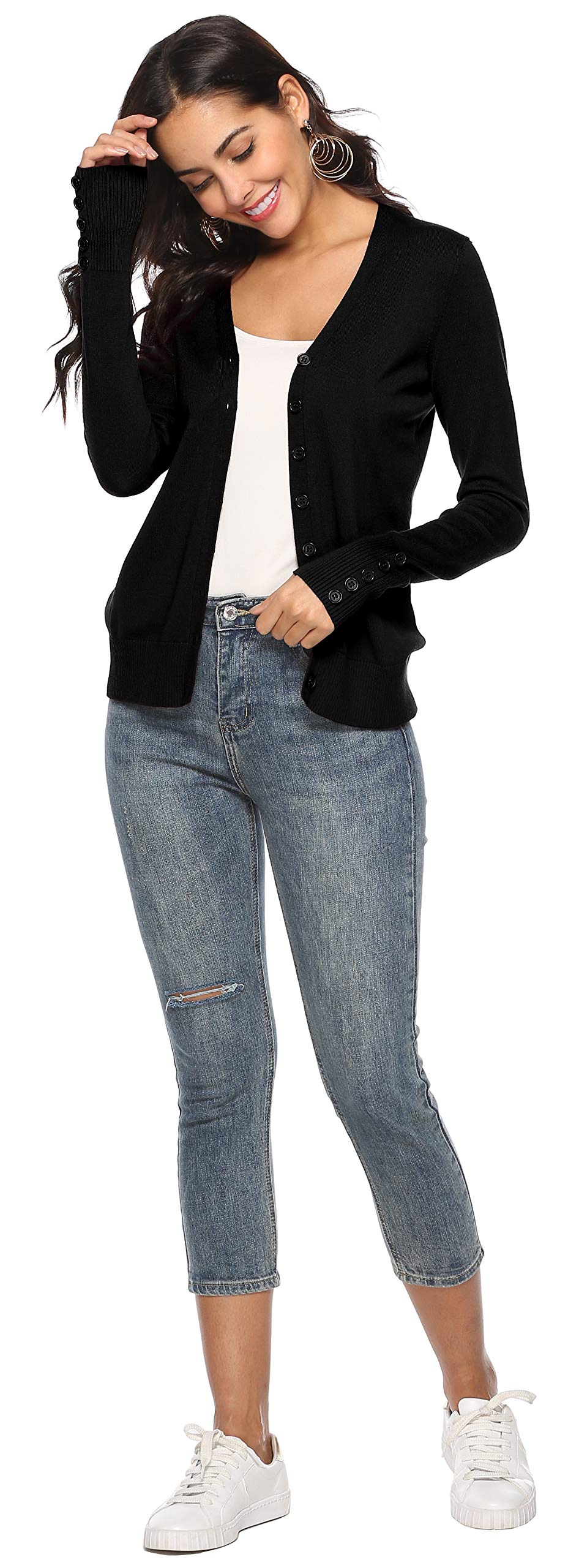 THANTH Womens V Neck Long Sleeve Button Down Knit Cardigan Sweater Black XL