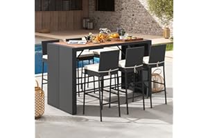 Toolsempire 7-Piece Outdoor Wicker Bar Set, PE Rattan Bar Height Dining Set with Acacia Wood Tabletop & Removable Cushions, Outdoor Wicker Bar Table & 6 Chairs, Patio Bistro Set for Deck & Porch