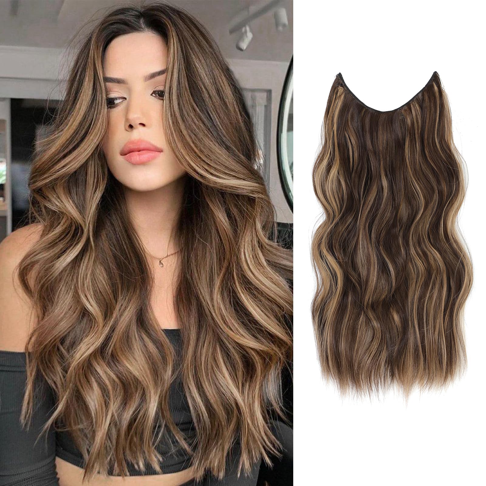 Photo 1 of Gowit Light Brown with Blonde Hair Extensions Invisible Wire Hair Extensions with Removable Transparent Adjustable Headband 20 inch Long Wavy Hairpiece for Women 4 Secure Clips Ins