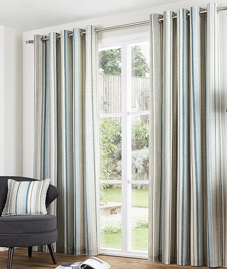 Melody Eyelet Lined Curtains 66 X 54 Stripe Light Blue Teal