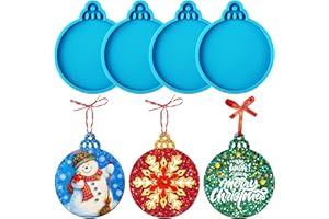 Juome Christmas Resin Molds Silicone, 4 Pcs Christmas Ornaments Round Shape Pendant Epoxy Resin Molds, DIY Crafts Jewelry Keychain Making Christmas Decorations