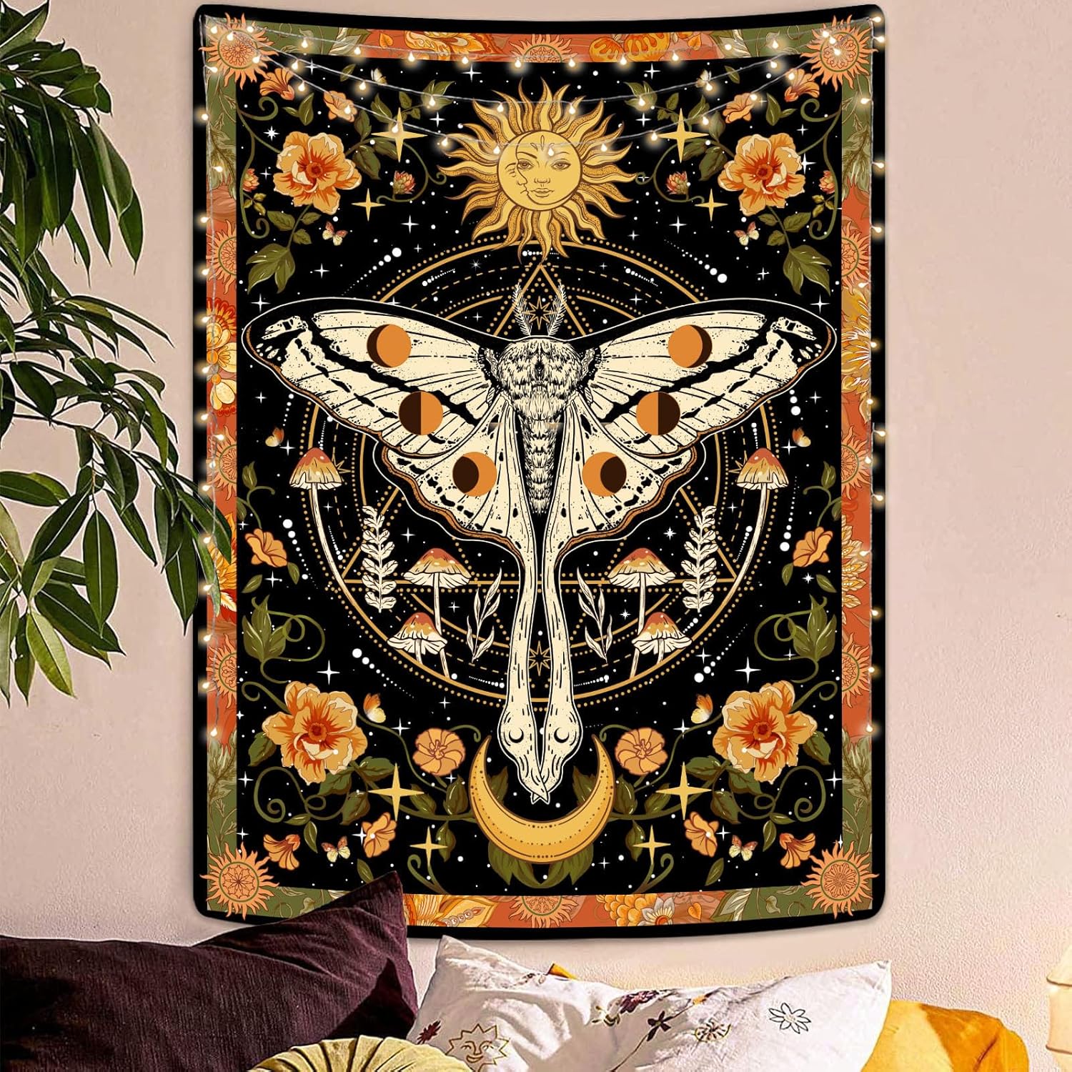 Tapestries - Aipon Orange Moth Tapestry Boho Retro Floral Flowers Tapestries Aesthetic Vintage Mushroom Tapestry Bedroom Indie Vertical Tapestry Wall Hanging for Living Room Dorm (36.00'' × 48.00'', Orange)