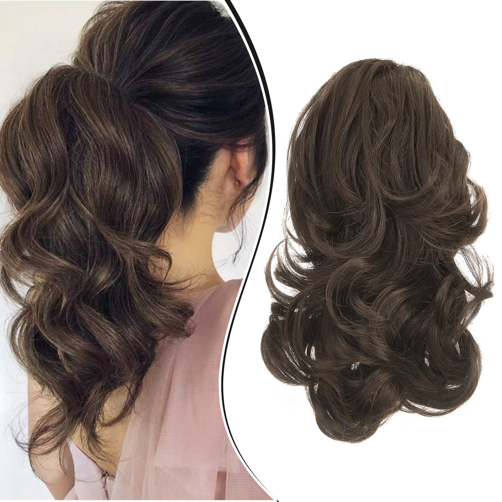 Dcbaboo Short Ponytail Extension Curly 12inch Claw Clip in Ponytail Hair Extensions Long Wavy Synthetic Pony tails Natural Wave One Piece Hairpiece Fake Ponytail for Women, Medium Brown — image 1