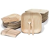 EVERMADEGREEN Bamboo Plates with Cutlery - Set of 50 Plates (8in) + 50 Forks + 50 Knives | Biodegradable Palm Leaf Plates | Disposable Dinner Plates | Rustic Dinnerware for Christmas, Wedding, Party