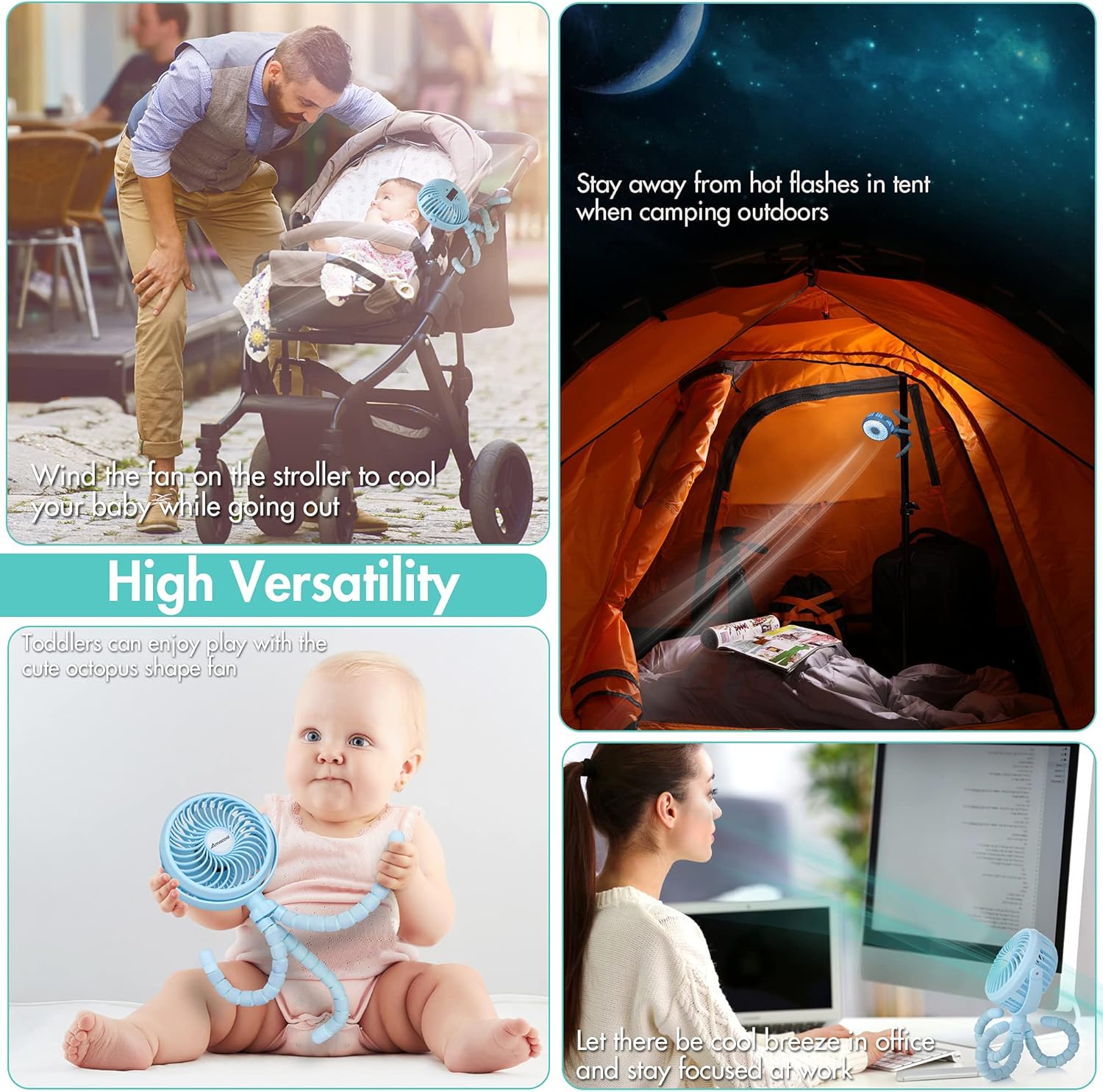 Battery Operated Stroller Fan Flexible Tripod Clip On Fan with 3 Speeds and Rotatable Handheld Personal Fan for Car Seat Crib Bike Treadmill (Blue): Kitchen & Dining