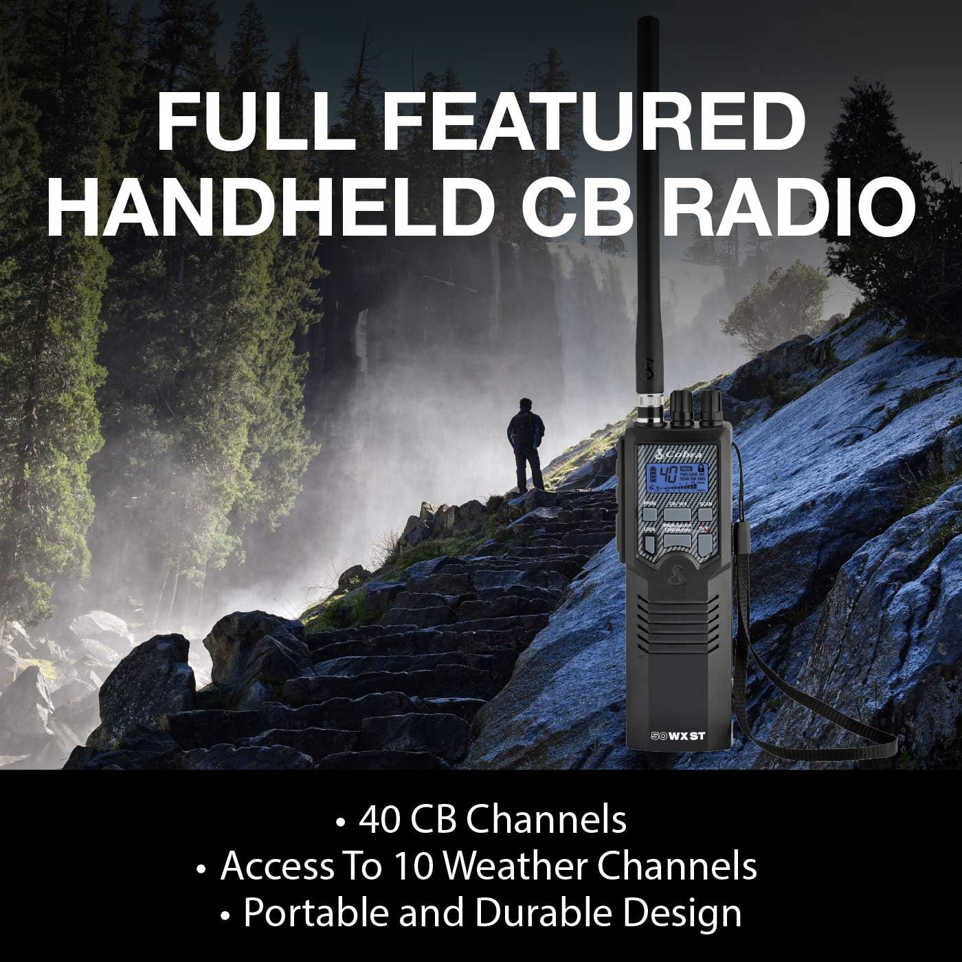 Cobra HHRT50 Road Trip Cb Radio - Emergency Radio, Travel Essentials, 2-Way Handheld Black Radio with Rooftop Magnet Mount Antenna, NOAA Channels, Dual Watch & 40 Channel Access