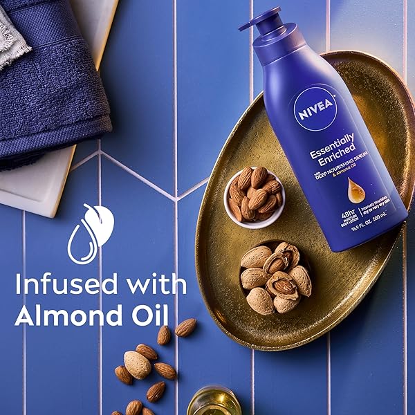 NIVEA ESSENTIALLY ENRICHED BODY LOTION FOR VERY DRY SKIN WITH HYALURONIC ACID, ALMOND OIL AND DEEP NOURISHING SERUM, 72-HOUR BODY MOISTURIZER, 16.9 FL OZ PUMP BOTTLE, PACK OF 2