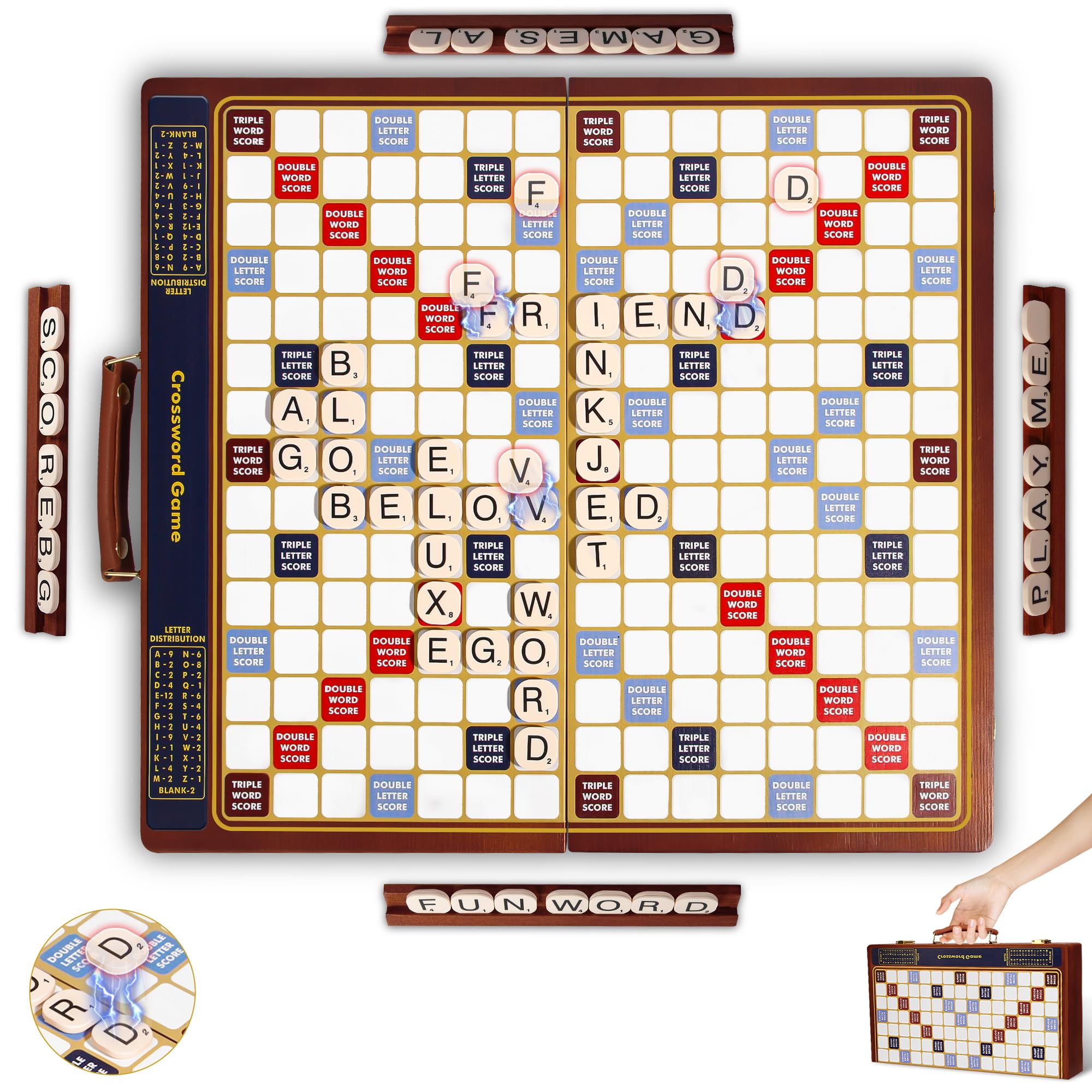 Photo 1 of Crossword Game with Magnetic Letter Tiles, Foldable Board into Portable Carry Case, Luxury Edition Word Building Game with Rotating Wooden Board, Educational Family Board Game for 2-4 Players