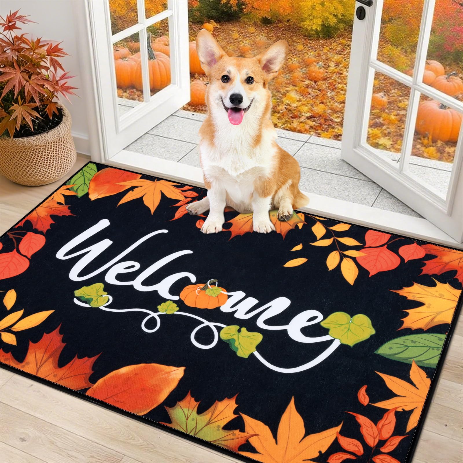 Photo 1 of Ileading Fall Door Mat 32"x48", Hello Pumpkin Doormat, Washable Non Slip Welcome Mats for Front Door, Autumn Harvest Thanksgiving Entry Mat Indoor Outdoor Low Profile Floor Mat for Entryway