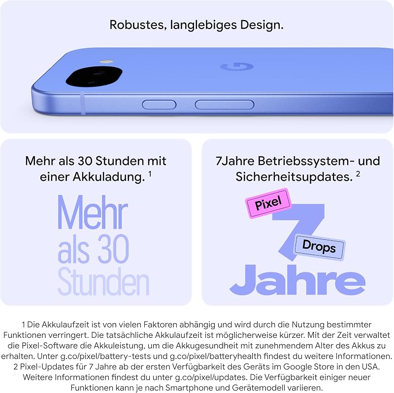 Pixel 10a – 7 Jahre Betriebssystem- und Sicherheitsupdates, mehr als 30 Stunden Akkulaufzeit, Kamera-Coach, Gemini Live, Pixel-Sicherheitsfunktionen - Lavender, 128GB