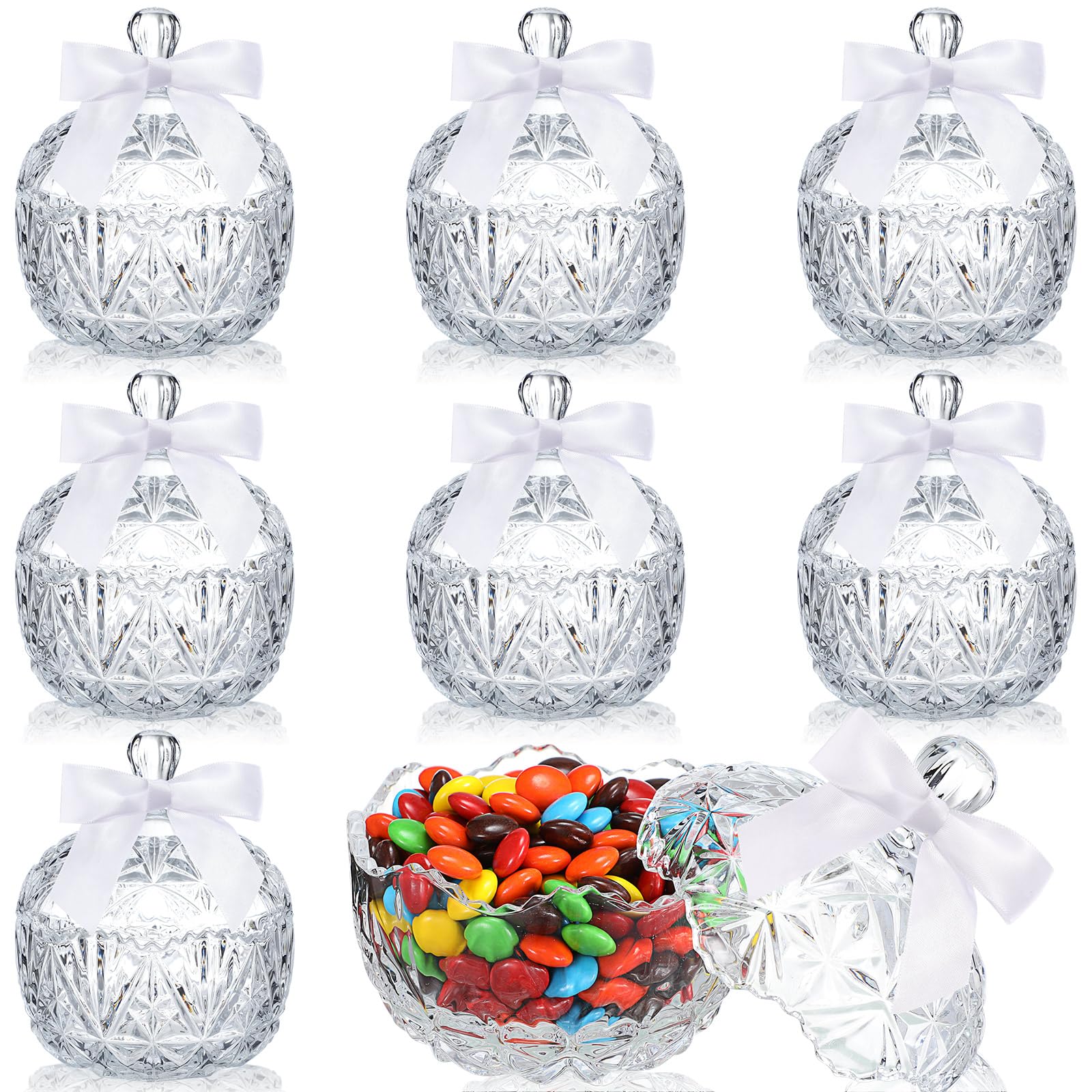 Photo 1 of Mimorou 8 Pcs Glass Candy Jar with Lids and Bows Crystal Decorative Candy Dish with Satin Ribbon Mini Bows Covered snack Bowl Cute Jewelry Box Cookie Snack Jar for Home Wedding Decor Gift(White)