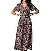 OYOANGLE Women's Floral Short Sleeve Flowy Midi Dress V Neck Twist Ruched Boho Sundress