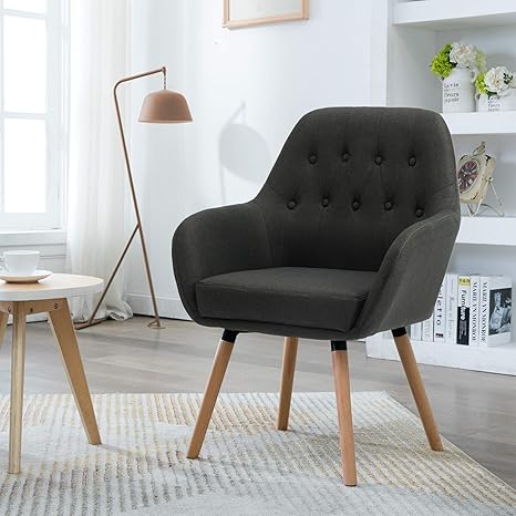 Amazon Com Lssbought Contemporary Stylish Button Tufted Upholstered Accent Chair With Solid Wood Legs Charcoal Gray Kitchen Dining