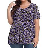 Tencede Womens Plus Size Tops Short Sleeve Tunic Shirts V Neck Summer Floral Loose Fit Blouse XL-5X