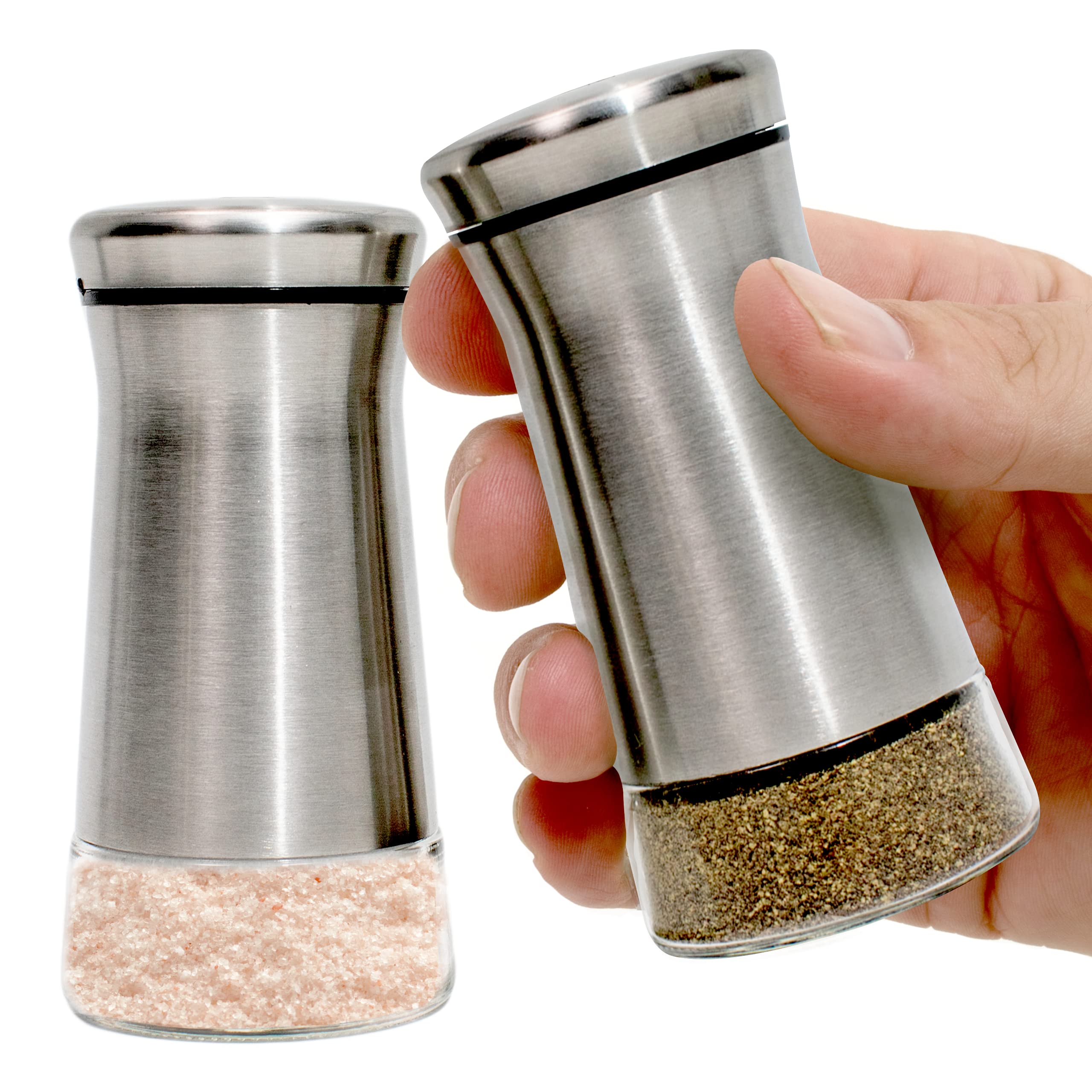 Willow & Everett Salt & Pepper Shaker - Set of Two Premium Stainless Steel Shakers w/Adjustable Pour Holes - Dispensers w/Lids for Spices, Sea & Kosher Salts