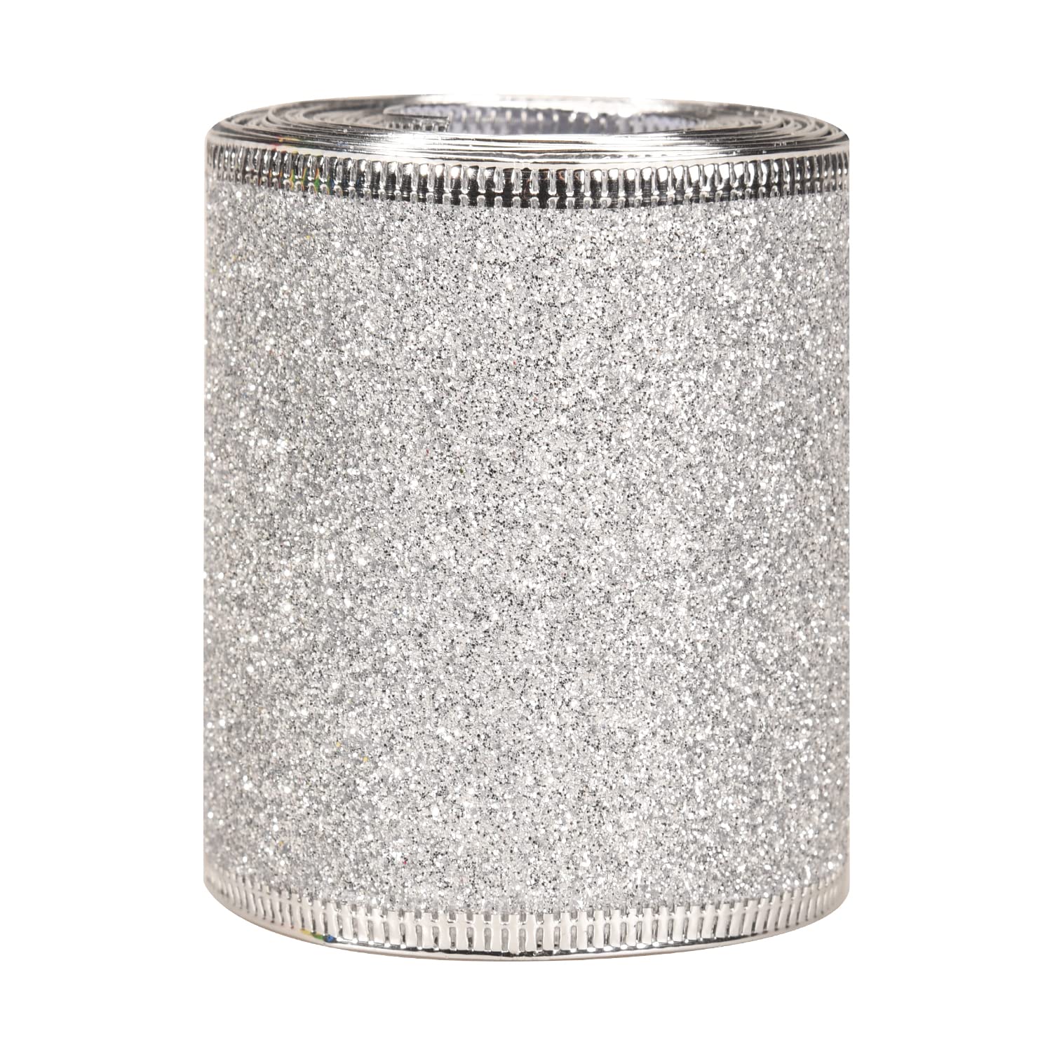 Lezevn 2.5 Inch x 6 Yards Wide Wired Edge Ribbon Christmas Glitter Sparking Shiny Ribbons Roll Christmas Tree Decorations Floral Wreath Bows Ribbon (Silver)