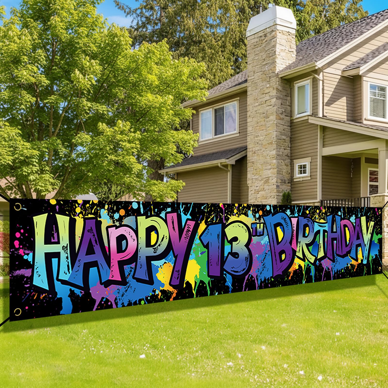 Photo 1 of 13th Birthday Outdoor Yard Banner, Graffiti Style Colorful Paint Splash Happy Birthday Fabric Direction Banner, Teen Birthday Party Lawn Fence Sign 9.8 × 1.6 ft HTDZZI