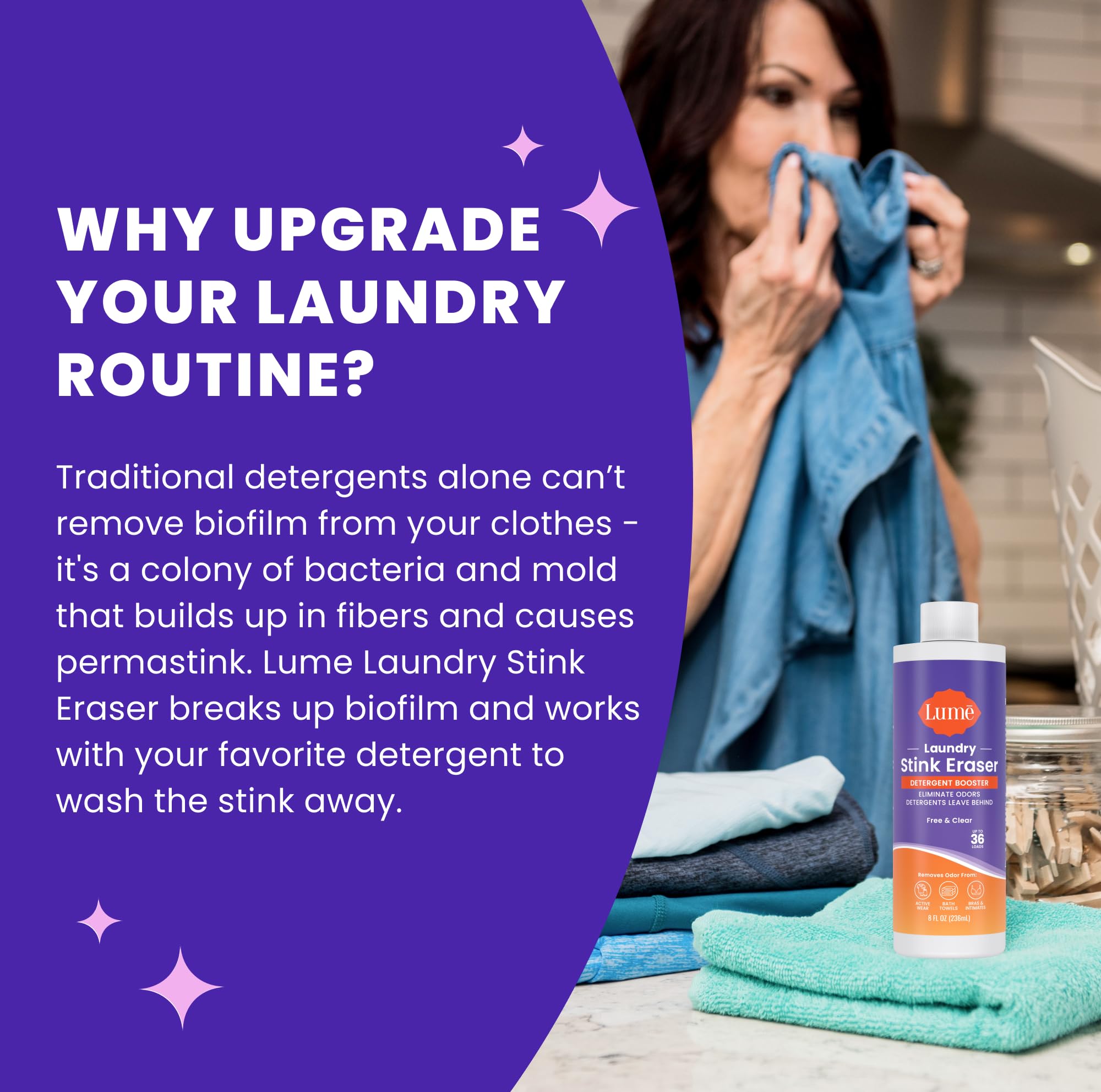 Lume Laundry Stink Eraser - Detergent Booster & Sink Soak - Eliminates Body Odor In Clothes - Odor Blasting Enzyme Blend - Makes Your Detergent Work Better - Free And Clear - 8 fluid ounces (2 Pack)