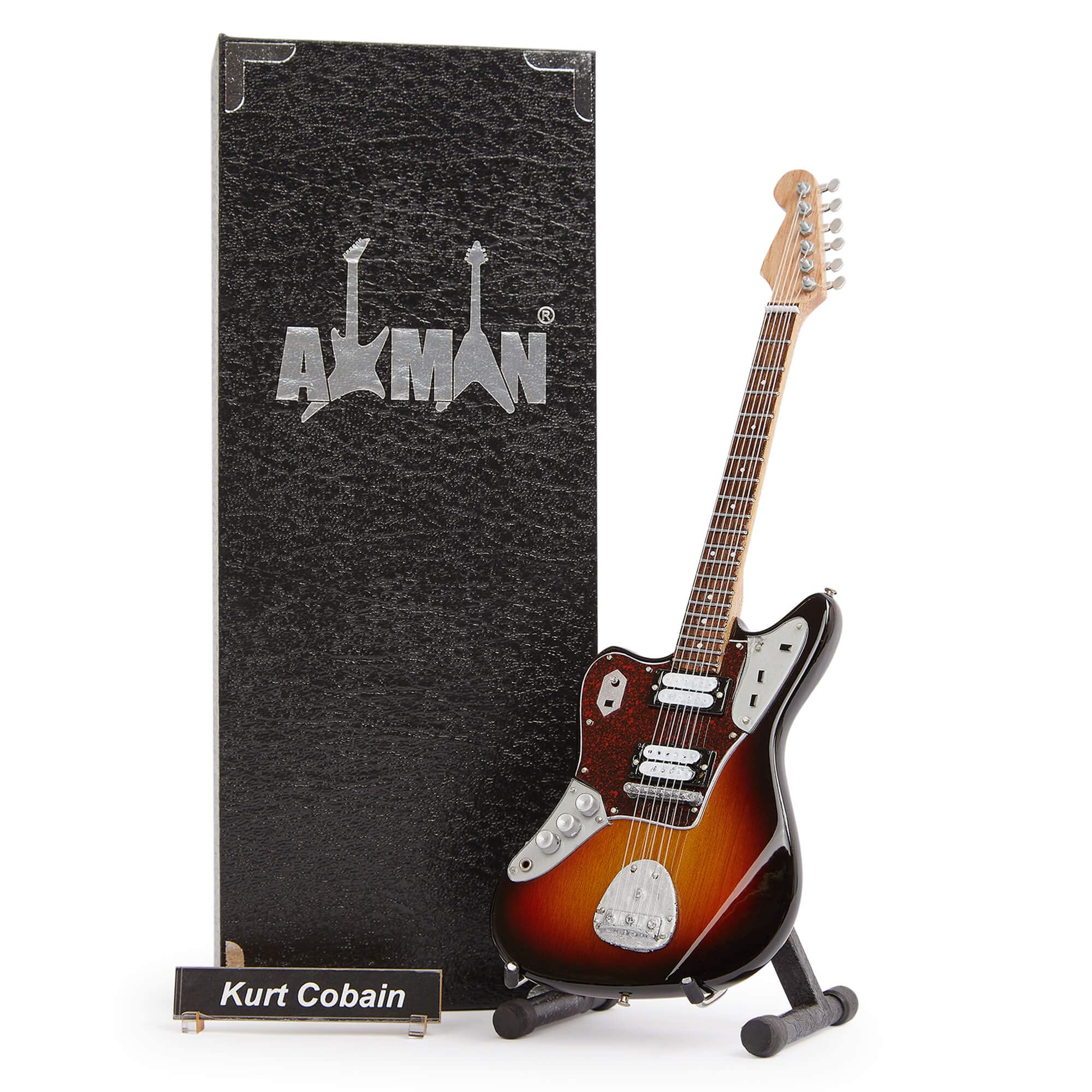 Axman Kurt Cobain 1965 (distressed) Miniature Guitar Replica, Music Gifts, Handmade Ornamental 1/4 Scale, Display Box, Name Tag and Miniature Guitar Stand, Ideal Guitar Enthusiast's Gift