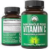 Peak Performance Raw Whole Food Natural Vitamin C Capsules from Acerola Cherry for Max Absorption. Vegan USA Sourced Vitamin C Supplement 90 Pills. 500 mg Serving or 2 Servings 1000mg