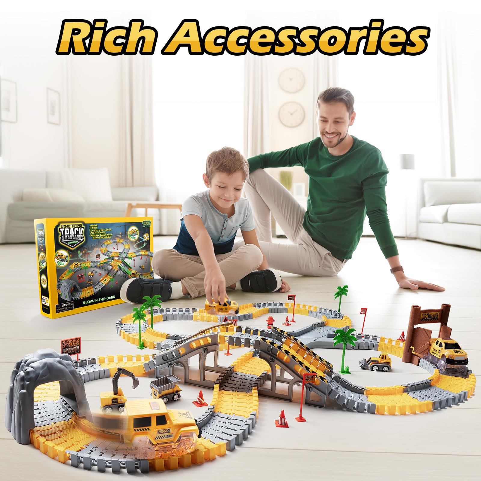 264 PCS Construction Race Tracks for Kids Toys, Glow in The Dark Magic Toy Set, 2 Light Up Cars Track, 3 Construction Cars, Flexible DIY Track Set, Birthday Gift for Age 3-9 Boys Toddler Girls