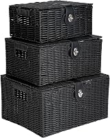Innoteck Wicker Storage Basket Set with Lids Large Medium Small Black