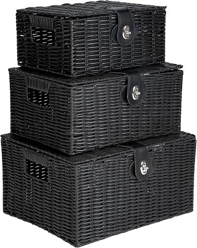 Innoteck Wicker Storage Basket Set with Lids Large Medium Small Black