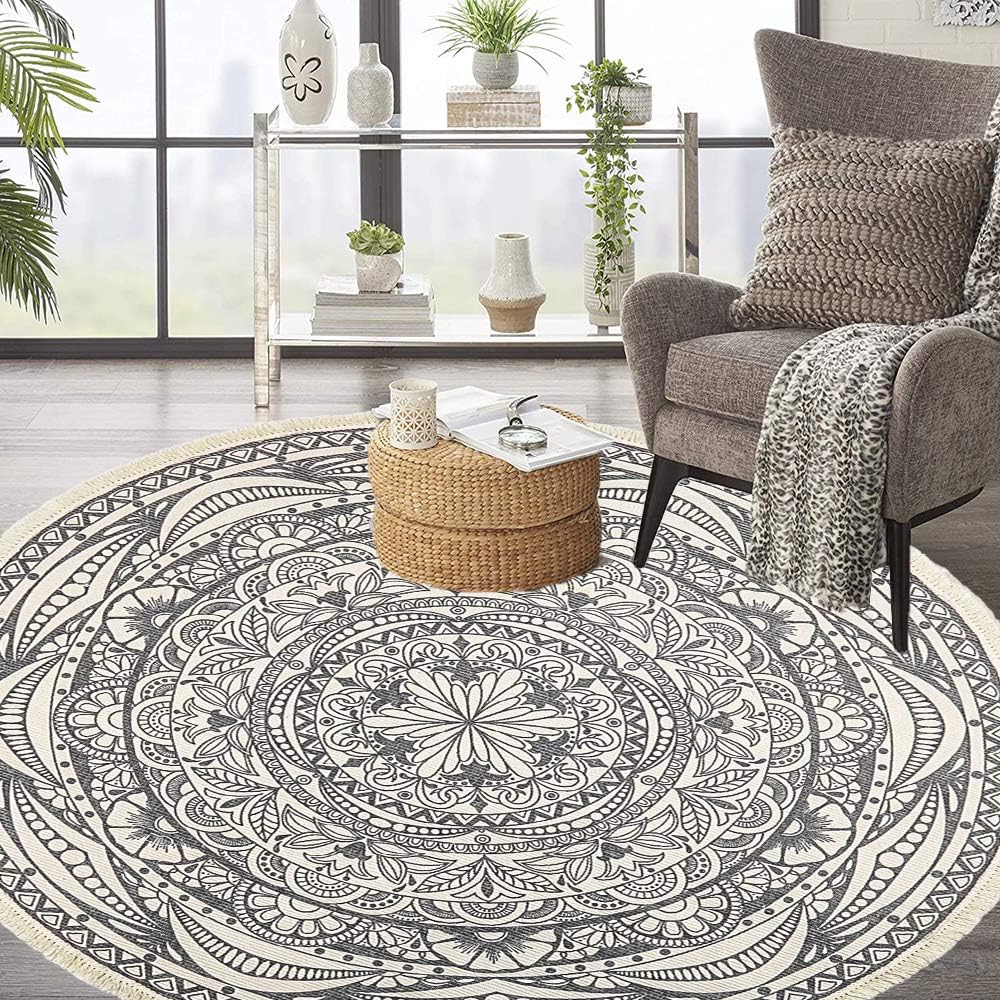 Amazon Com Hebe 6 Ft Round Area Rugs Washable Chic Bohemian Mandala Hand Woven Cotton Round Rug With Tassels Indoor Throw Area Rug Circle Carpet For Living Room Kids Room Kitchen Dining