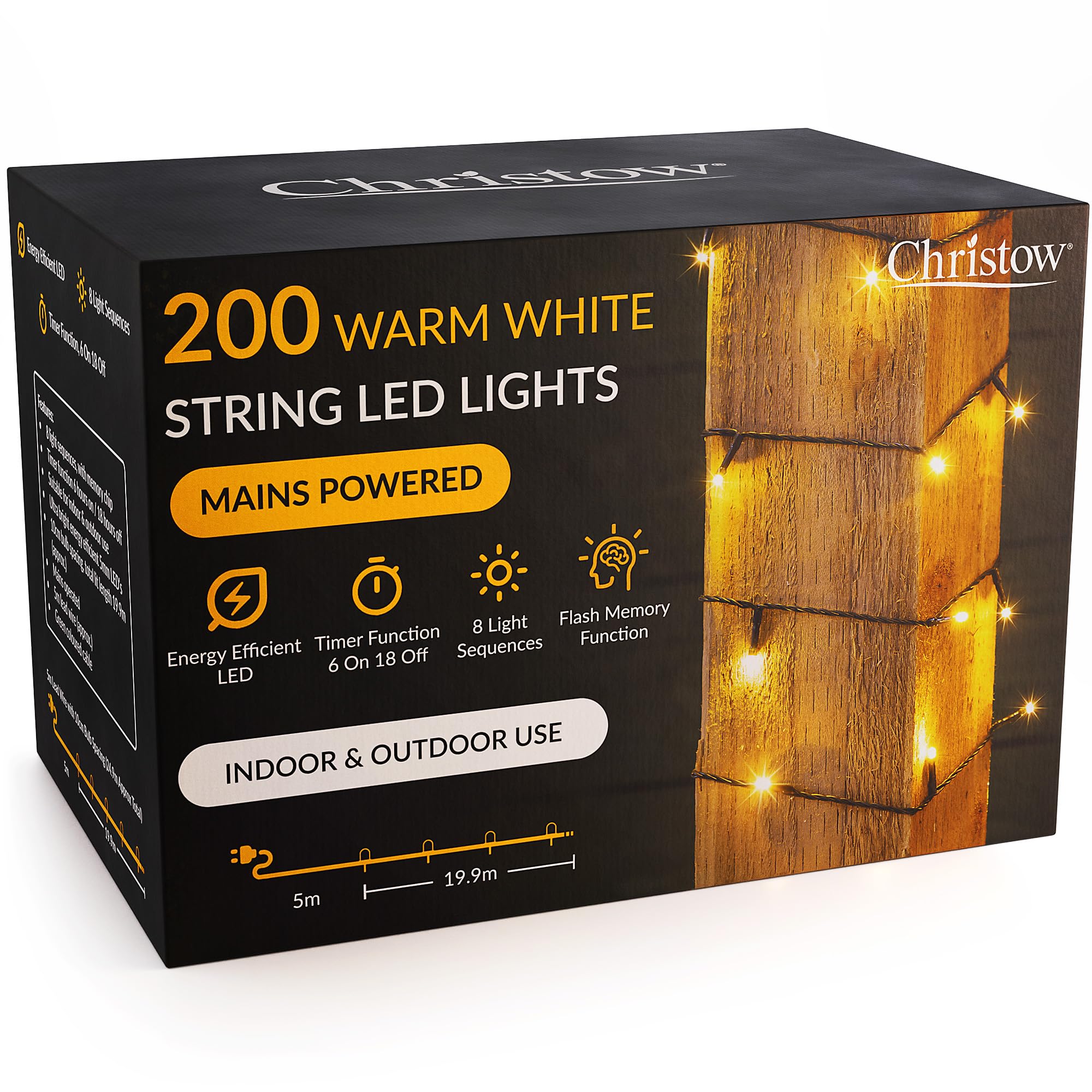CHRISTOW Christmas Fairy Lights, Warm White LED String Lighting with Timer, Indoor & Outdoor, Tree Lights, Mains Operated, 8 Light Modes Flashing & Static, Green Cable (200 LED / 20m Lit Length)