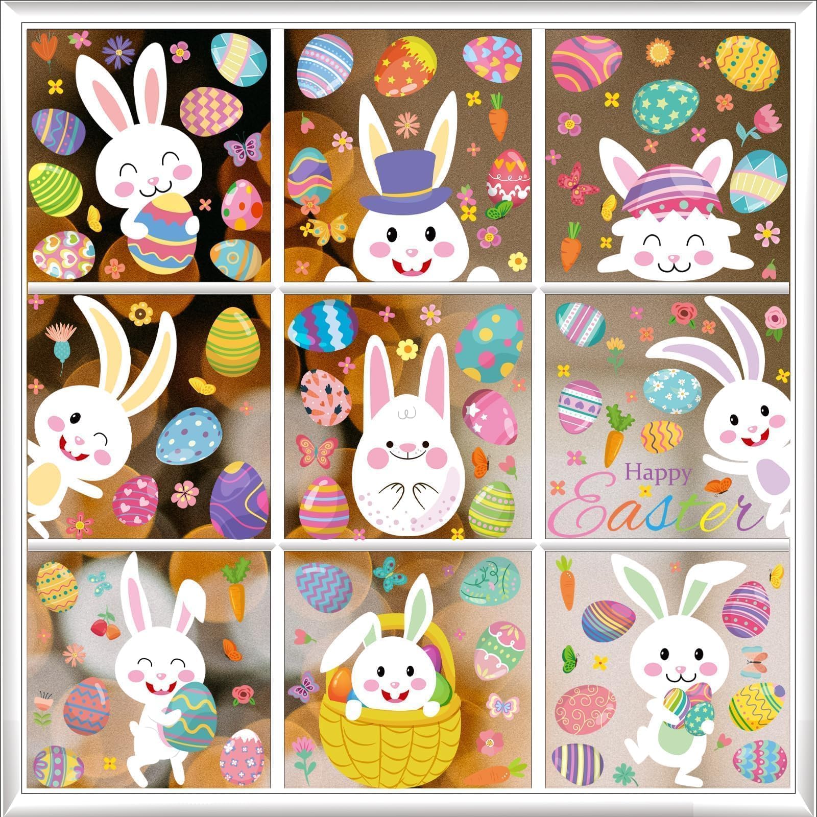 Tsathoggua Easter Window Cling, 9 Easter Bunny Window Stickers PVC Static Stickers, Easter Decorations Craft, Happy Easter Stickers, Easter Decoration Window Stickers with Rabbit, Eggs, Carrot (B)