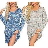 ENJOYNIGHT 2 Pack Nightgown For Women Cotton Long Sleeve Nightshirts
