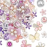 Giegxin 45 Pcs Rhinestone Embellishments Buttons for Craft Embellishments for Craft Faux Pearl Button Butterfly Flower Brooch for Wedding Decoration DIY Clothes Bag Shoe Supplies(Pink Purple Petals)