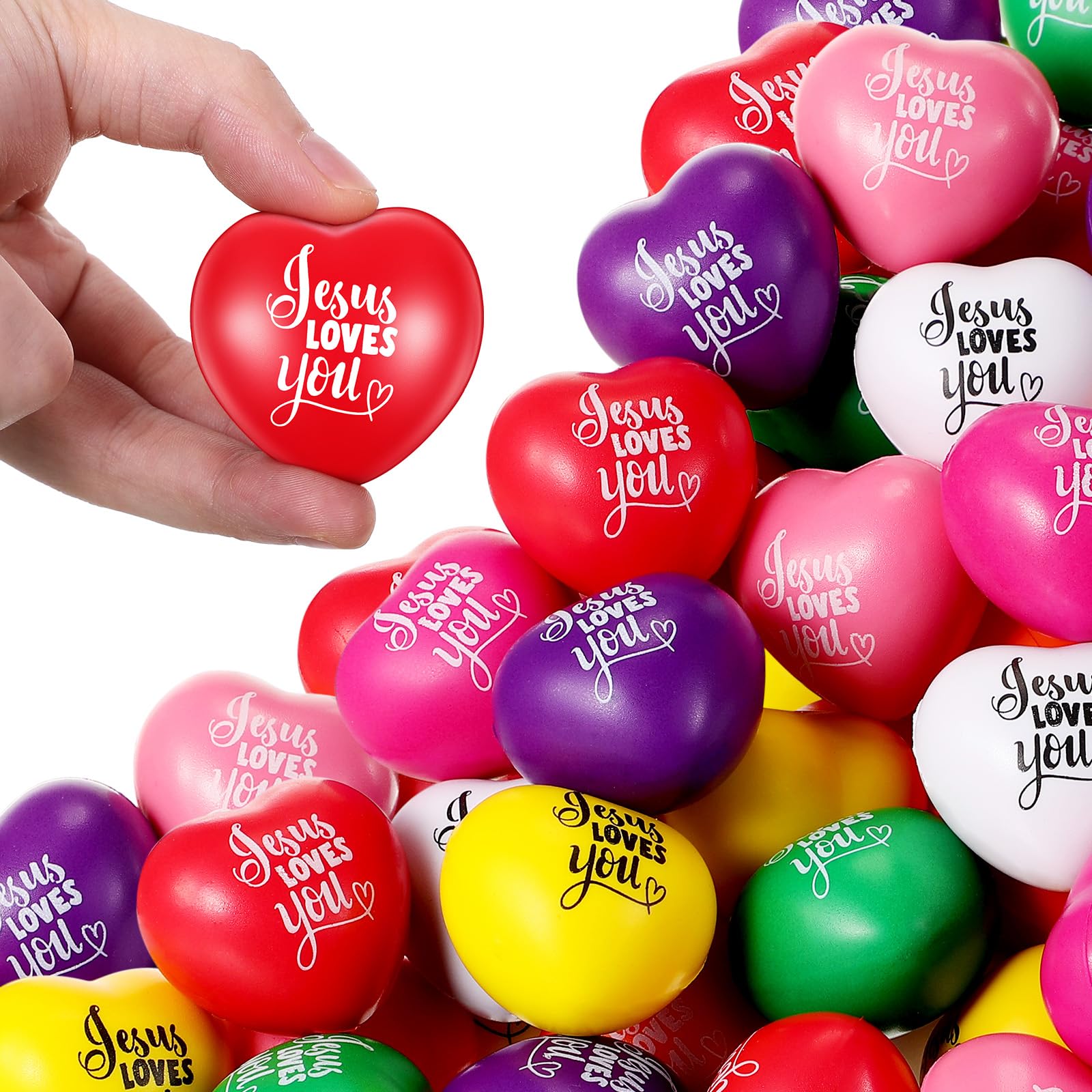 Photo 1 of Zubebe 100 Pcs Jesus Loves You Heart Stress Balls Bulk 1.57 Inch Heart Stress Toy First Communion Baptism Heart Squeeze Ball Stress Relieve Toys Fidget Balls for Religious Party Gifts
