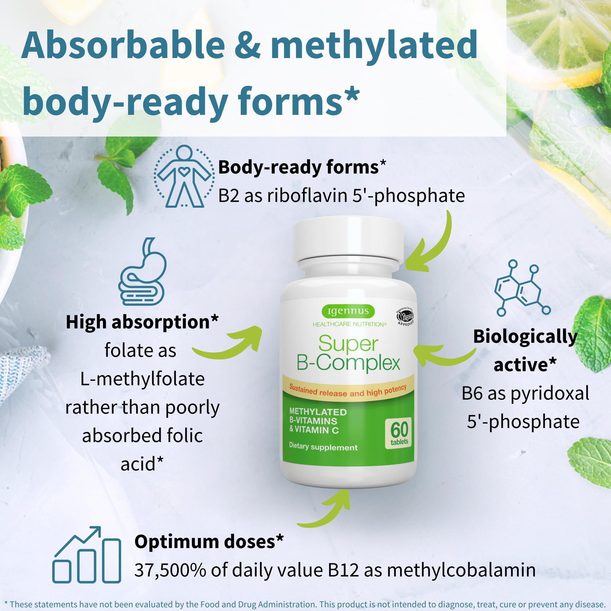 Igennus Super B-Complex Methylated B Vitamins, All Day Nutrient Delivery, Clean Label, MTHFR Supplement with Methylfolate & B12 Methylcobalamin, Vegan, Lab Verified, 60 Small Tablets