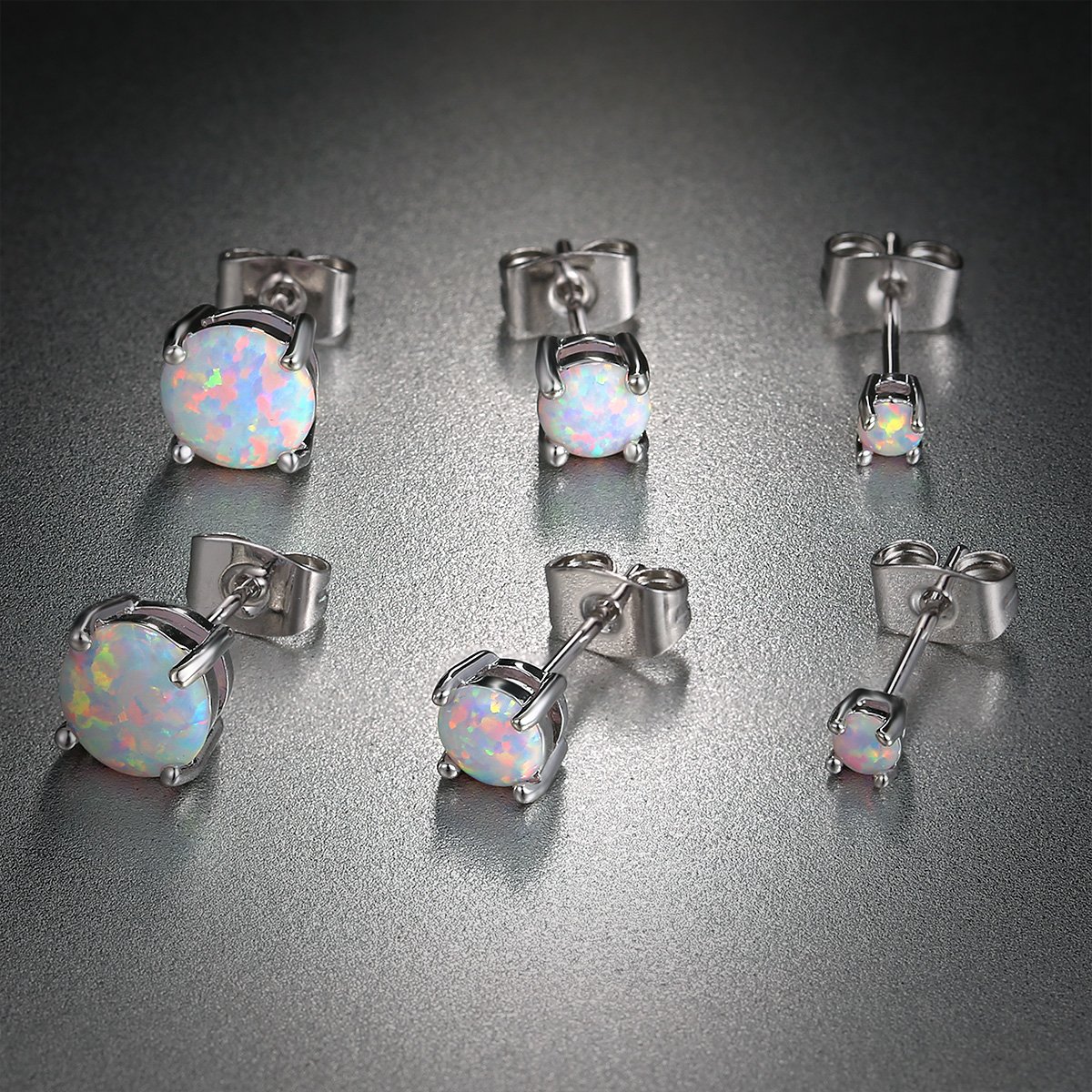 VOLUKA 18K White Gold Plated Opal Stud Earrings for Womens Sensitive Ears 3 Pairs 3/5/7mm
