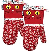 Alselo Oven Mitts, Heat Resistant with Soft Quilted Cotton Lining Set of 2, Fashion Animal Design with Silicone Printing Anti-Slip Kitchen Gloves for Safe Backing Cooking Barbecue (Red 2)