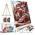 JOOZ Paint by Numbers Kit for Adults with Frame, Red Retro Car Paint by Number with Easel, DIY Flower House Oil Painting by Number, Easy Adult Paint by Number Kits on Canvas for Wall Decor 8x12 Inch