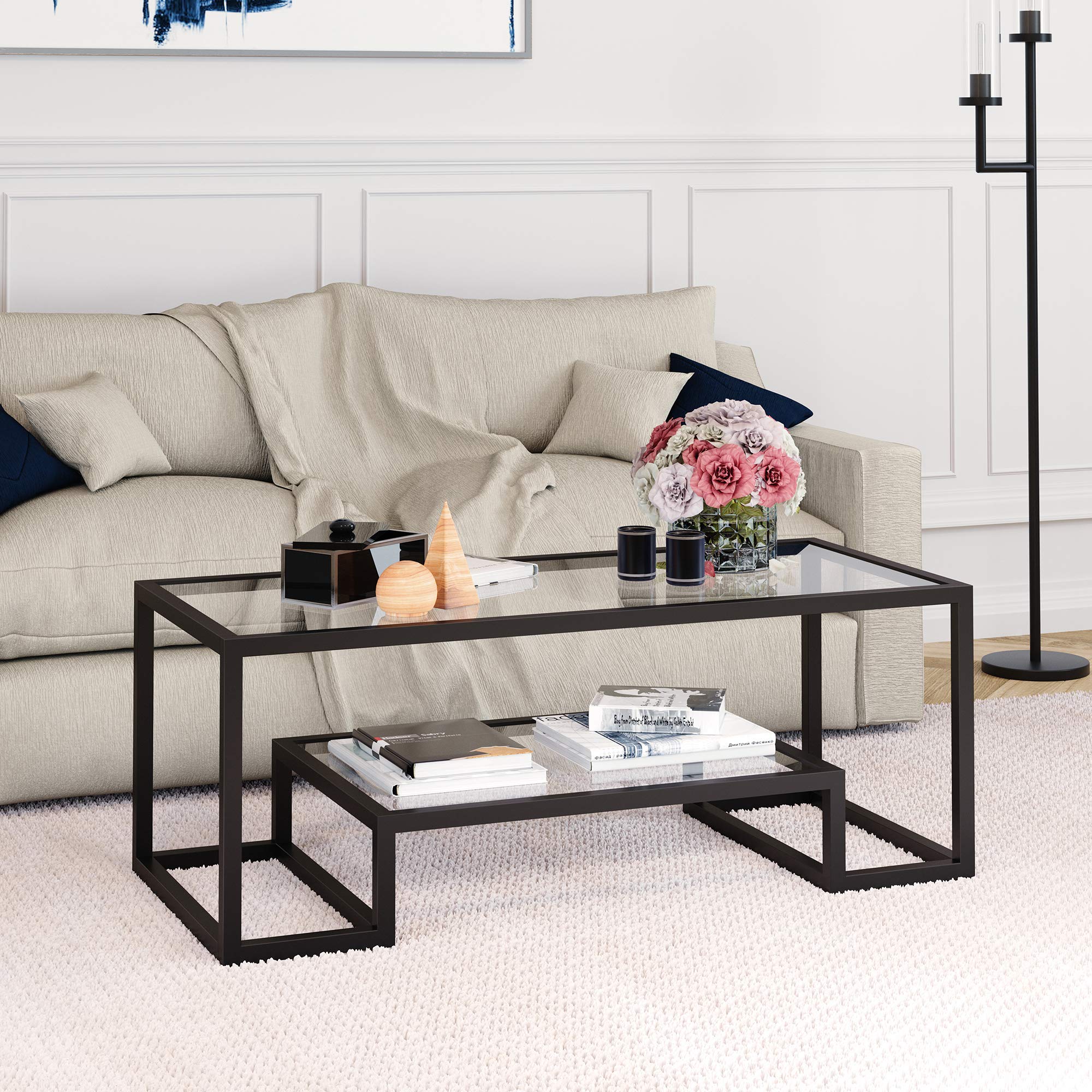 Henn&amp;Hart Modern Geometric-Inspired Glass Coffee Table, Black