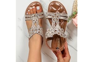 Dbzhuyn Flat Sandals for Women Dressy,Sandals Women Dressy Summer Flat Women's Rhinestone Beaded Flower Bohemia Low Heeled Sandals Fashion Comfortable Crystal Beach Sandals Flat Shoes