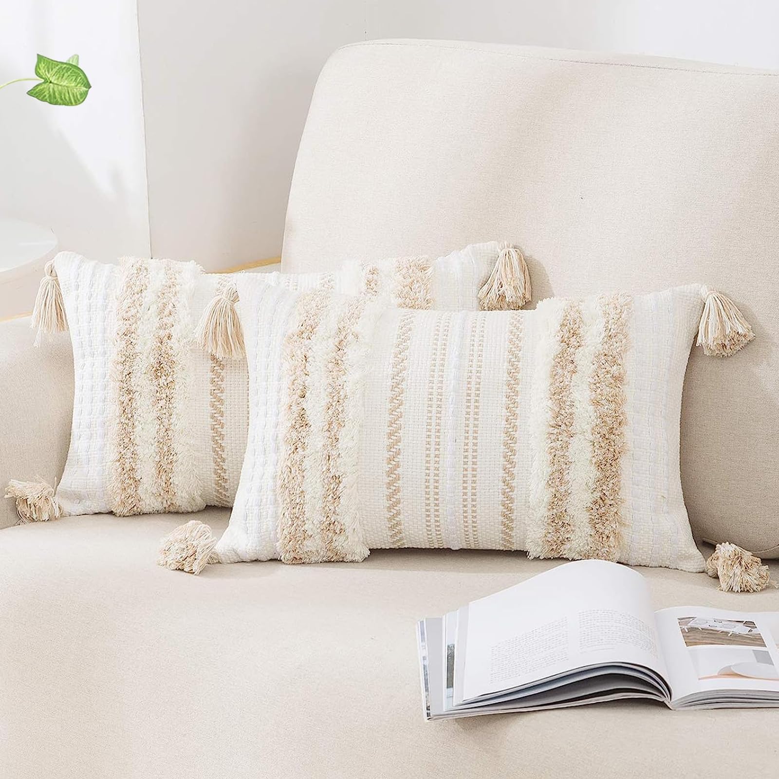 Photo 1 of decorUhome Decorative Boho Throw Pillow Covers 12x20 Set of 2, Lumbar Accent Neutral Textured Tufted Pillow Covers Striped for Couch Bed Sofa Living Room, Khaki and Cream White
