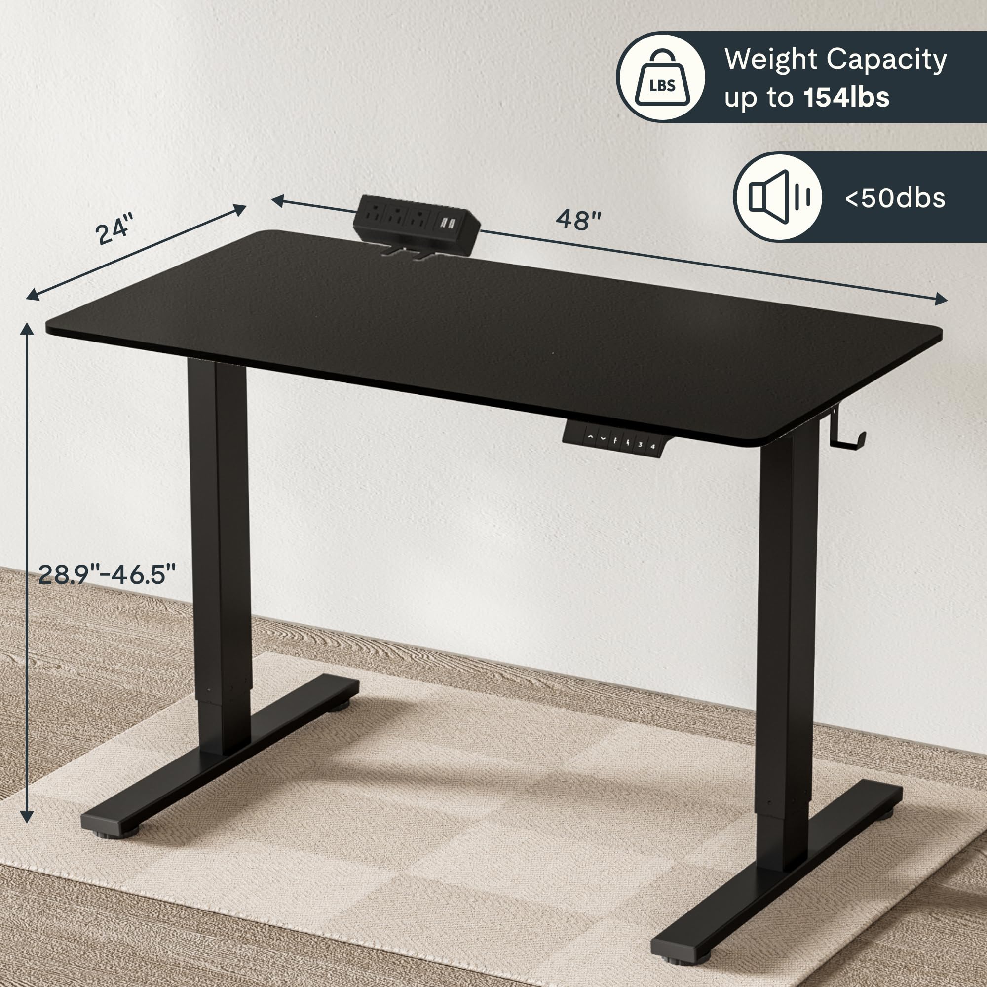 FLEXISPOT EN2 Whole-Piece Standing Desk with Clamp Power Strip, 48x24'' Electric Stand Up Height Adjustable Desk with Cable Management (Black Frame + 48
