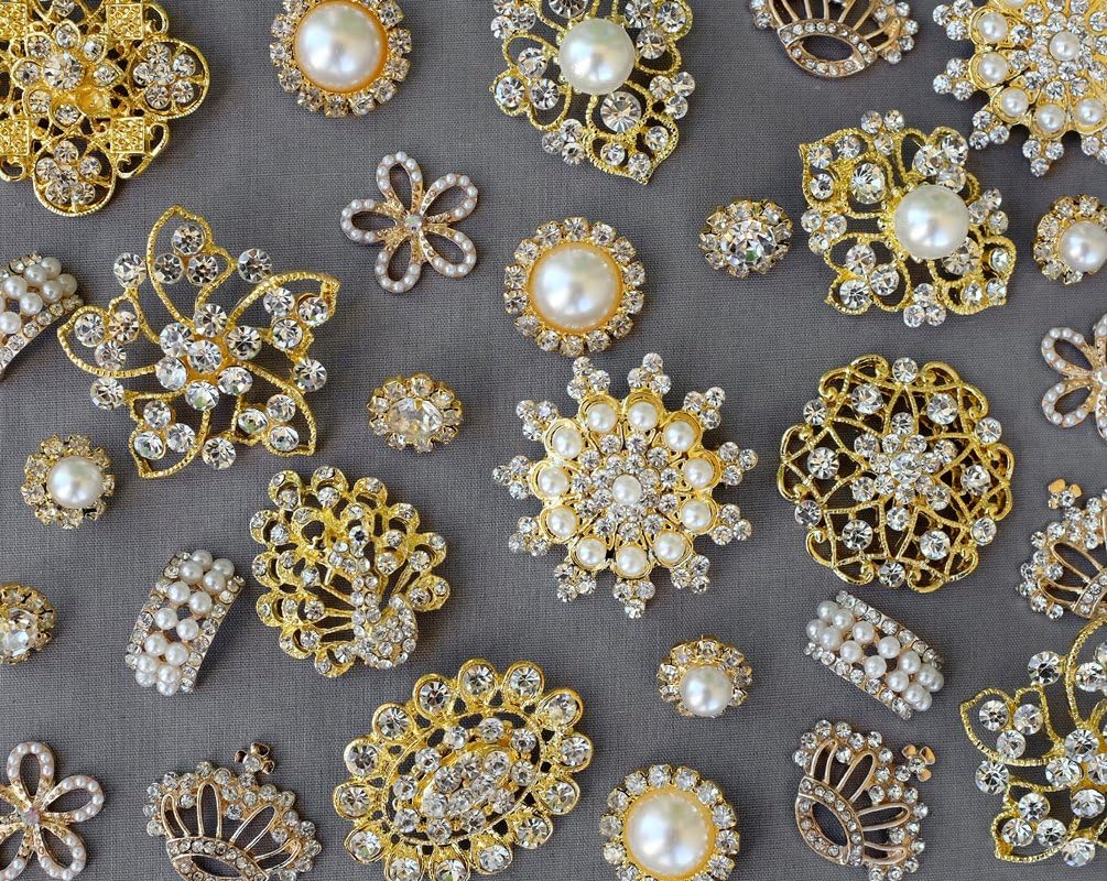 20 Gold Assorted Rhinestone Button Brooch Embellishment Pearl Crystal Wedding Brooch Bouquet Cake Hair Comb Clip BT986