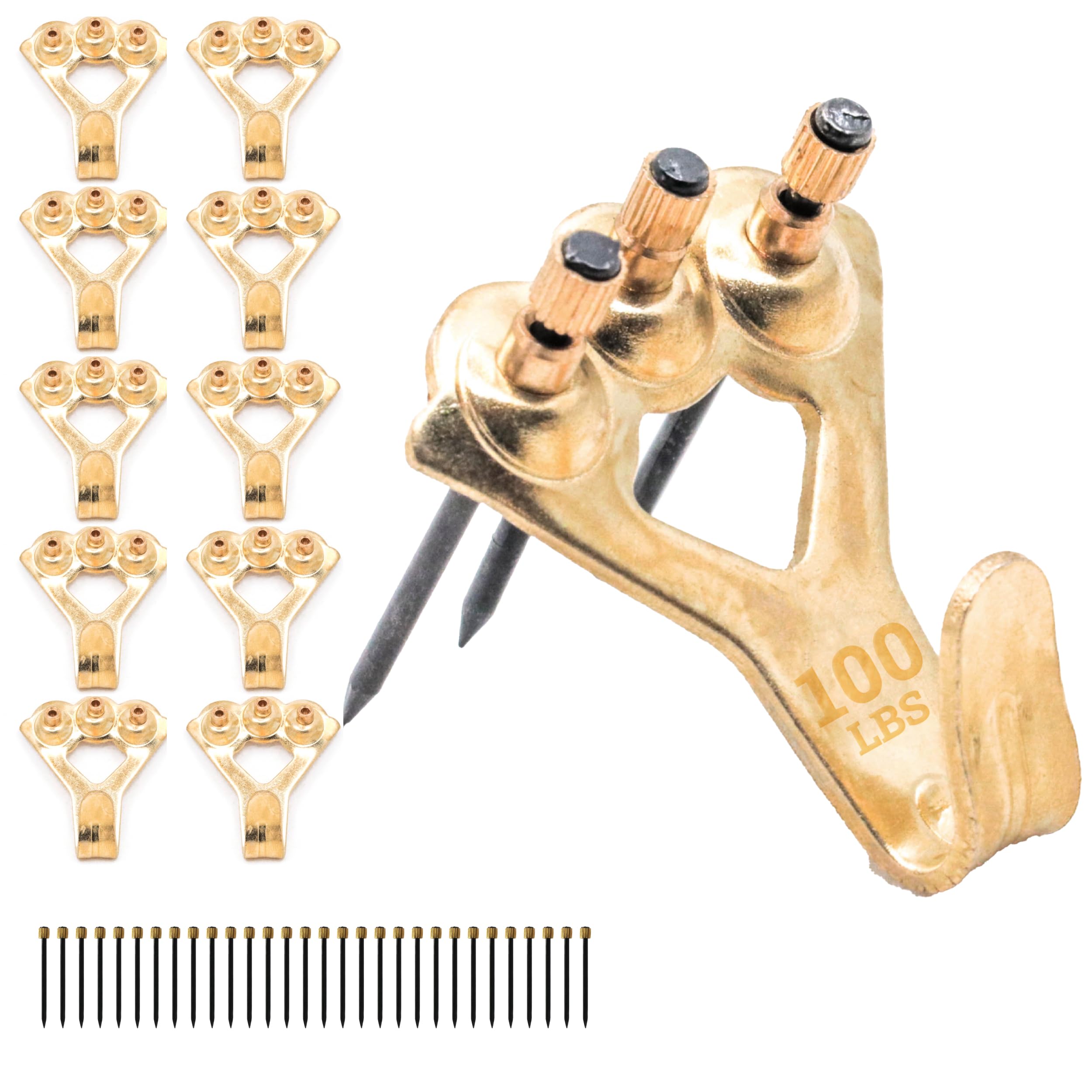 PHS 100 lb Picture Hangers, 100 Pack with Nails - Picture Hanging Hooks, Picture Hanging Hardware, Frame Hooks or Hangers, Heavy Duty Picture Hangers, Mirror Hanger - for Drywall and Plaster — image 1