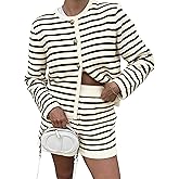 ICOBID Womens Striped 2 Piece Set Sweater Outfits Long Sleeve Crew Neck Button Cardigan Casual Knit High Waist Lounge Set