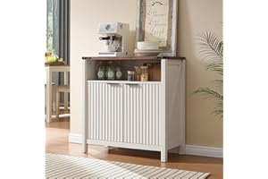 BuildHom 32 Inch Fluted Sideboard Cabinet with Open Shelf & Adjustable Shelves, Modern Farmhouse Storage Cabinet for Kitchen,