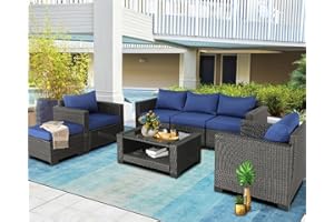 Furnimy 7 Pieces Outdoor Furniture Patio Furniture Sets Conversation Sets Balcony Furniture Outdoor Sectional for Outdoor Indoor Backyard Lawn Garden Porch Poolside (Brown/Navy Blue)