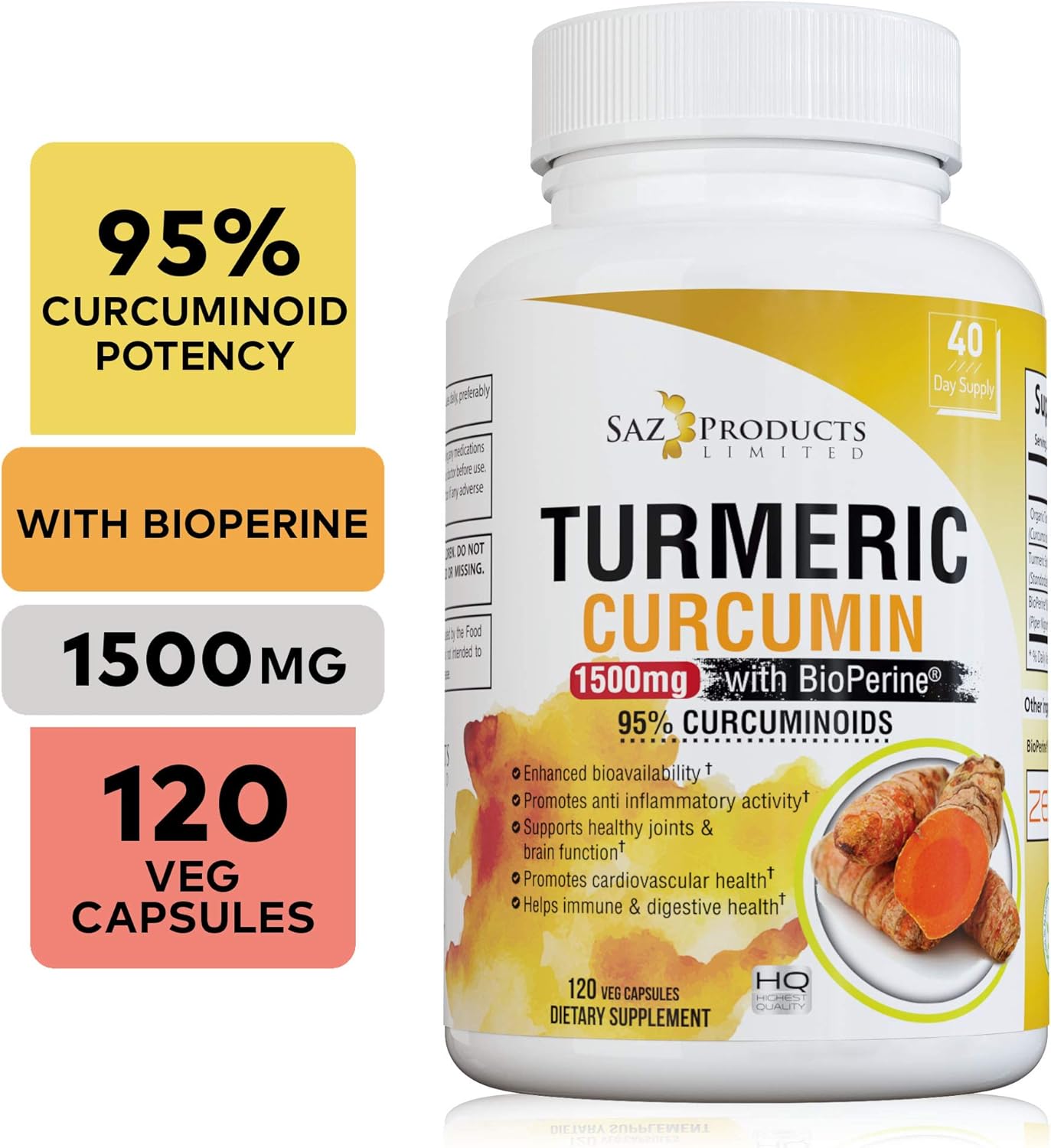 Organic Turmeric Curcumin with BioPerine - Potent Anti-Inflammatory - Contains 95% Curcuminoids and Black Pepper Extract for Fast Absorption - 1500 Milligram Vegan Capsules - 40 Day Supply: Health & Personal Care