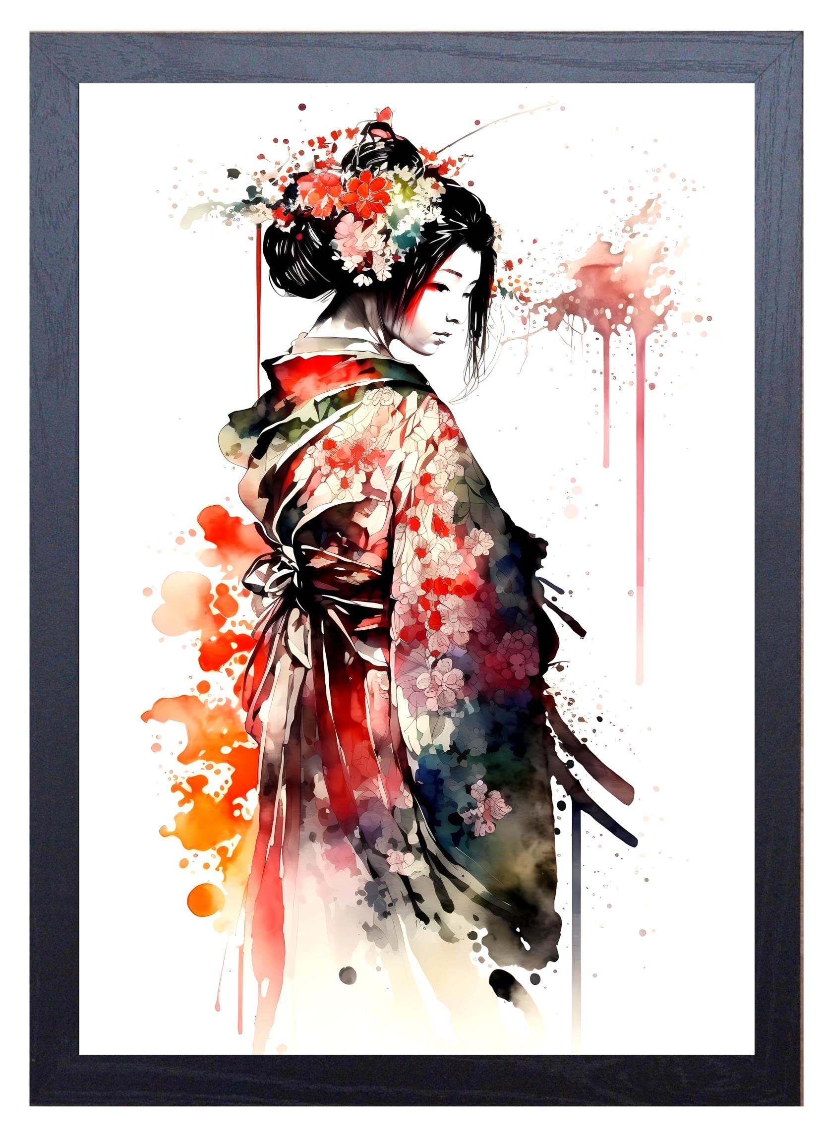 Beauitiful vivid fine art print of a Japanese Geisha Girl painting (picture 2) (A4 Print only 29.7CM X 21CM)